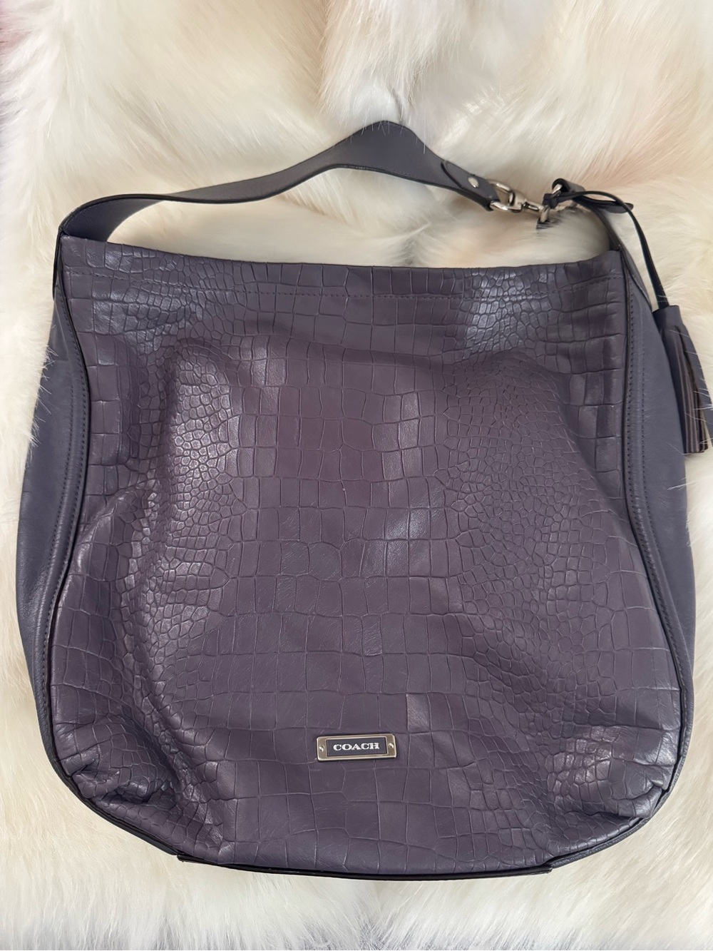 Coach Plum Croc-Embossed Leather Hobo with Tassel